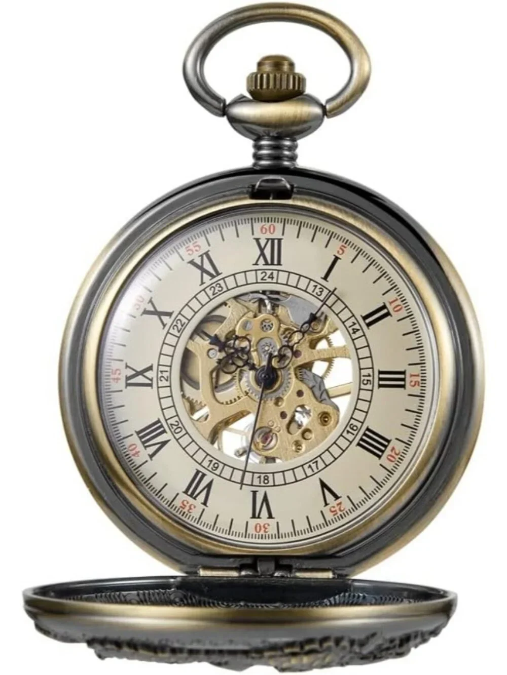 Men's Black Bronze Dragon Skeleton Roman Numerals Hollow Mechanical Pocket Watch